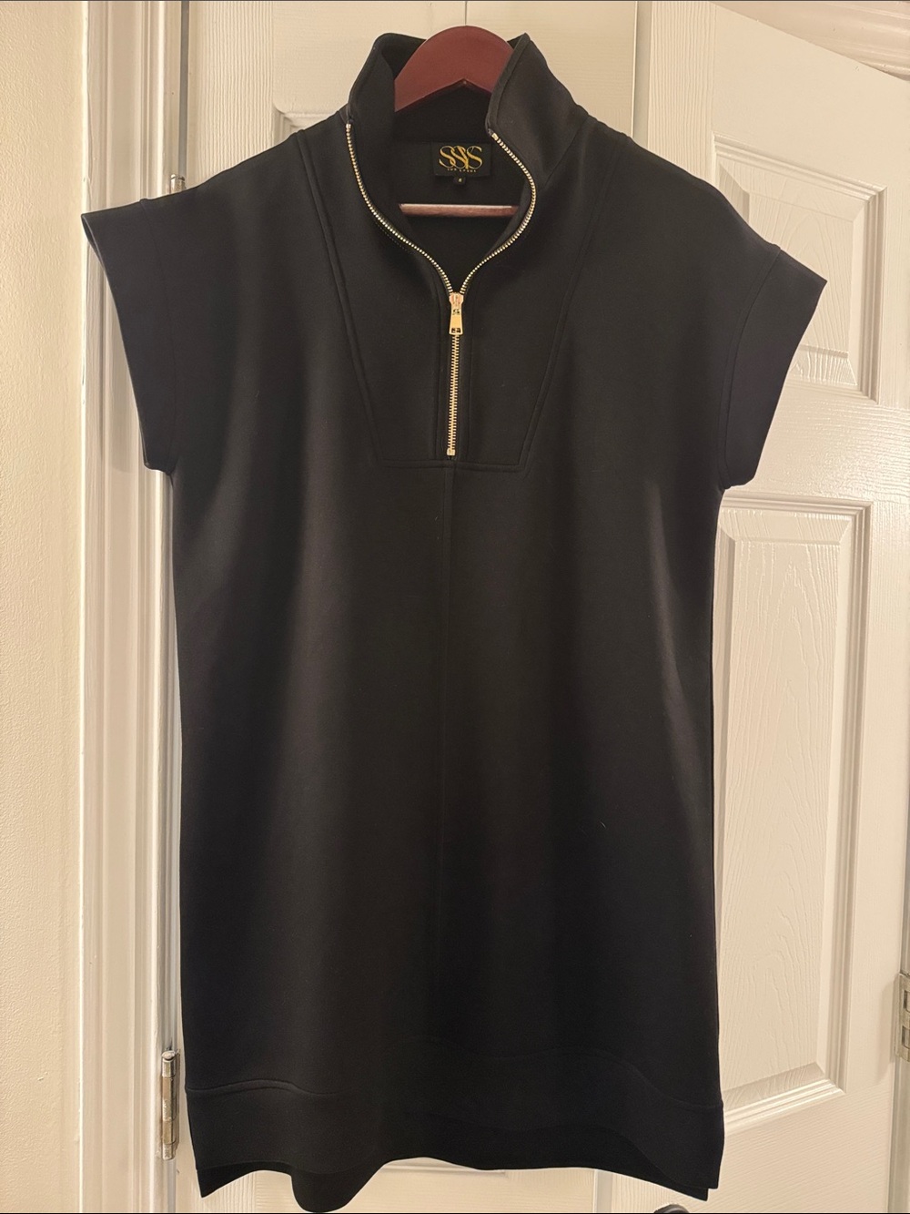 Black Short-Sleeve Zip-Front Mini Dress